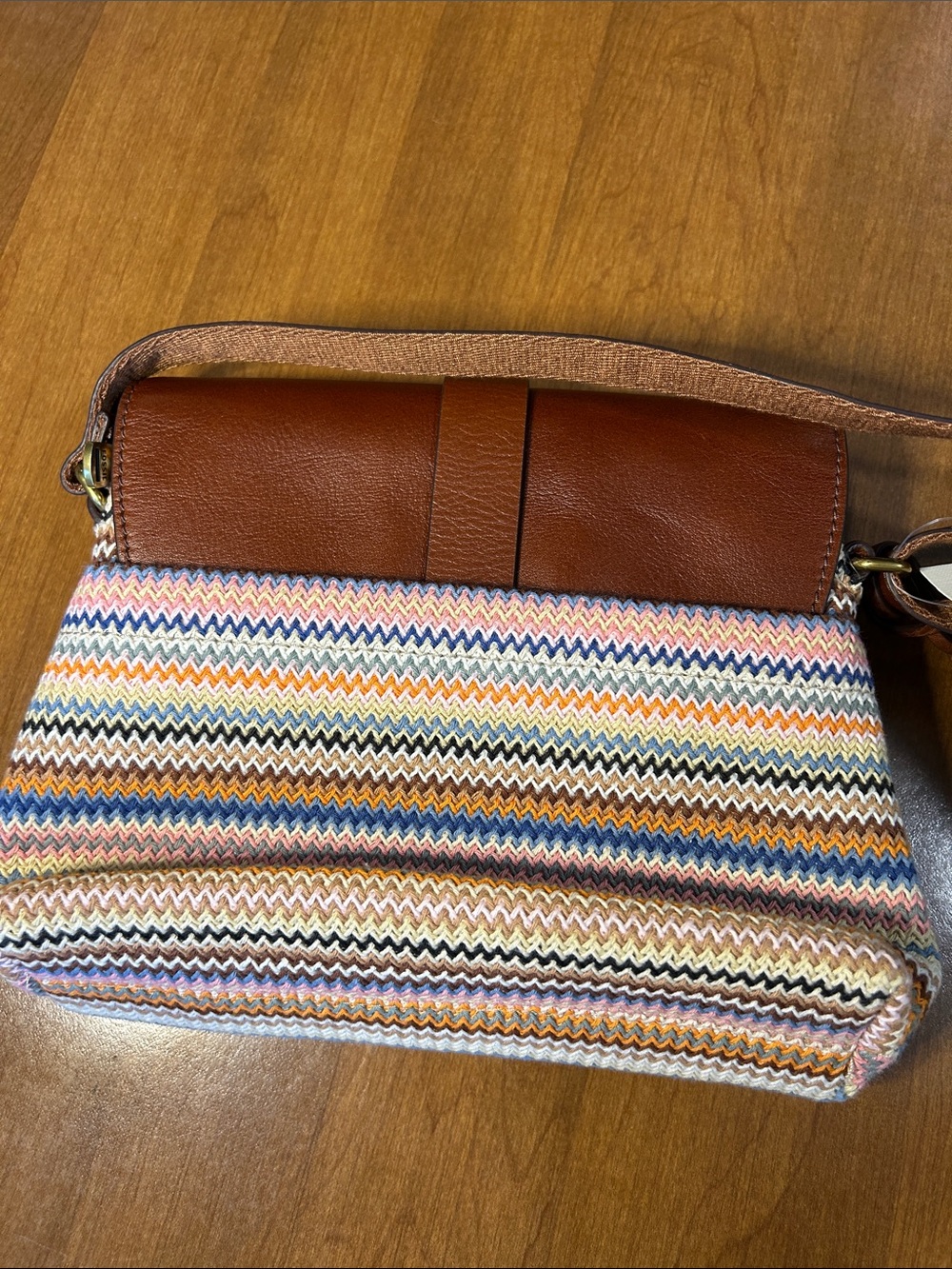 Fossil Kinley Tan Leather Flap Crossbody with Multicolor Knit Body - Picture 10 of 12